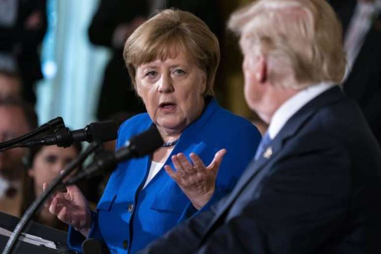 Angela Merkel e Donald Trump em coletiva de imprensa na Casa Branca