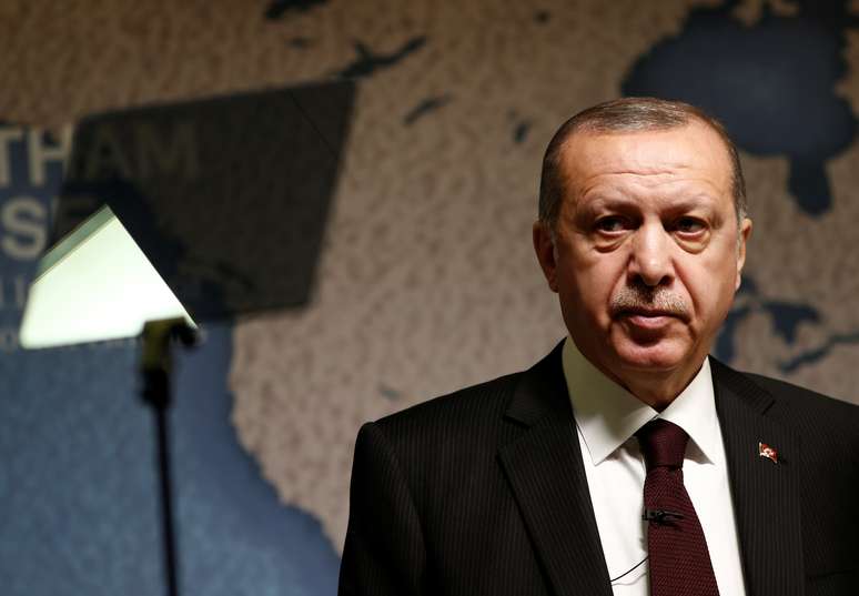 Presidente da Turquia, Tayiip Erdogan, discursa durante evento em Londres
14/05/2018 REUTERS/Henry Nicholls