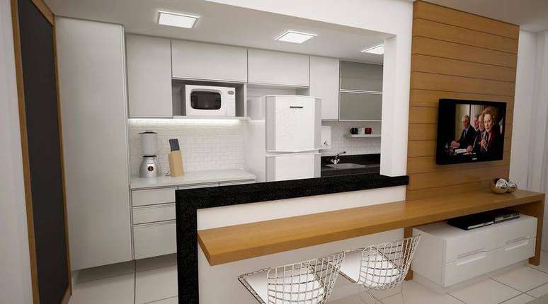59. O balcão de cozinha pode ser mais baixo e servir como rack para a sala de estar.