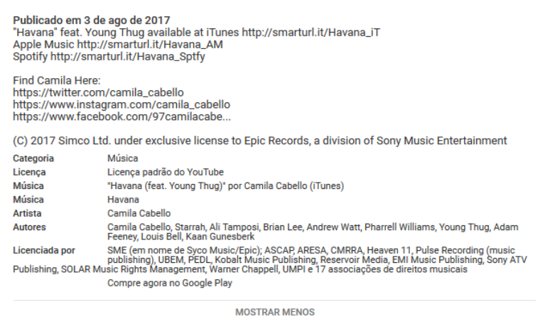 Descrição da música Havana de Camila Cabello mostra detalhes da música (Foto: Captura/Youtube)