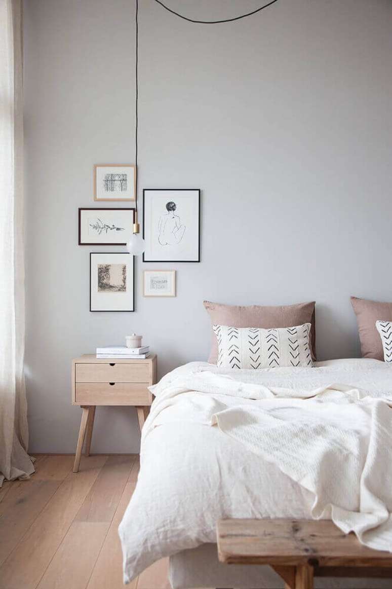 57. Decora&ccedil;&atilde;o de quarto minimalista com modelos de quadros minimalistas