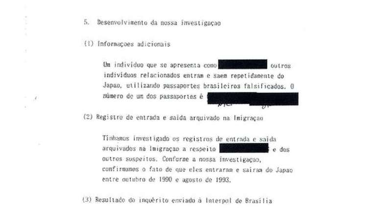 Trecho do pedido da polícia japonesa, com detalhes das investigações que colocava sob suspeita a autencidade dos passaportes brasileiros