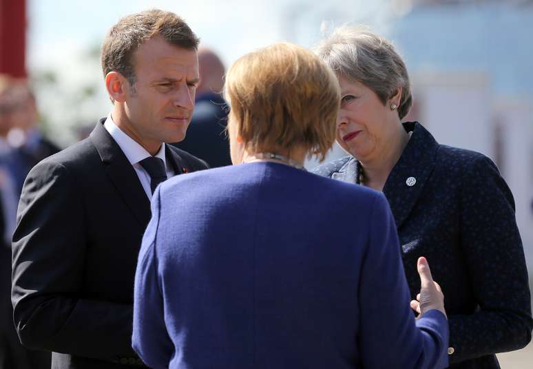 Presidente francês, Emmanuel Macron, premiê britânica, Theresa May, e chanceler alemã, Angela Merkel, em Sófia 17/05/2018 REUTERS/Stoyan Nenov