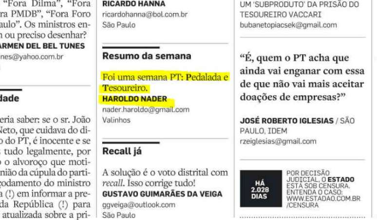 Carta de Nader no jornal O Estado de S. Paulo