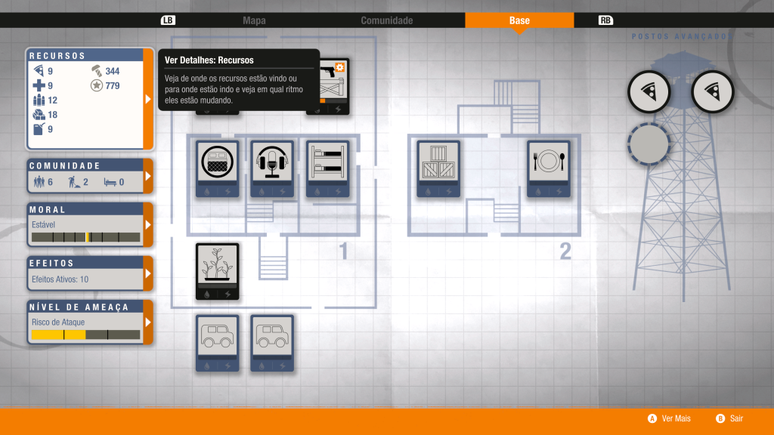 A partir do menu &eacute; poss&iacute;vel ver o status da base, quais itens essenciais est&atilde;o faltando, qu&atilde;o amea&ccedil;ada ela est&aacute; pelos zumbis e o que anda sendo constru&iacute;do por l&aacute; (Captura de tela: Sergio Oliveira)