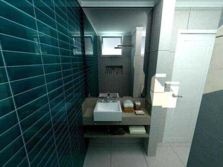 1- Bancada de banheiro moderna para apoio de objetos como saboneteiras, toalhas e diversos itens.
