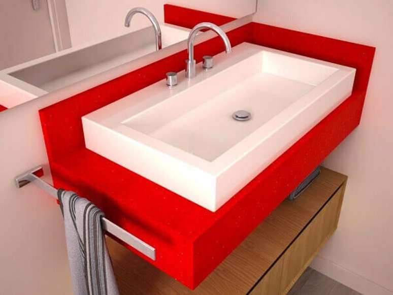 6- Bancada de banheiro vermelha em Silestone é um elemento de requinte.
