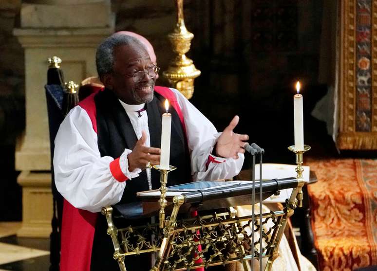 O reverendíssimo bispo Michael Curry, da Igreja Episcopal, fez discurso durante o casamento do Príncipe Harry e Meghan Markle na Capela de São Jorge no Castelo de Windsor, Inglaterra, em 19 de maio de 2018.