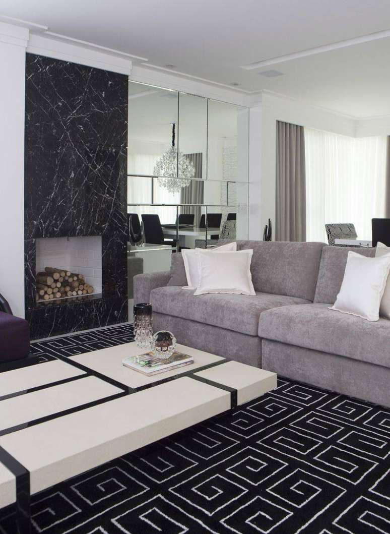 18. Salas decoradas com preto, branco e cinza s&atilde;o sempre charmosas