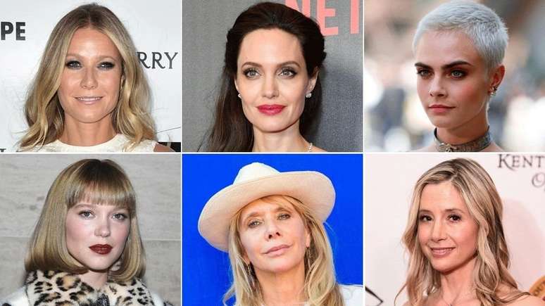 (Da esquerda para a direita): Gwyneth Paltrow, Angelina Jolie, Cara Delevingne, Lea Seydoux, Rosanna Arquette, Mira Sorvino - elas participaram do movimento #MeToo denunciando casos de assédio.