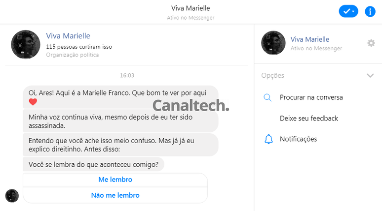 Chatbot na fanpage Viva Marielle informa sobre os projetos de Lei da vereadora assassinada há dois meses (Captura de Tela: Ares Saturno / Canaltech)