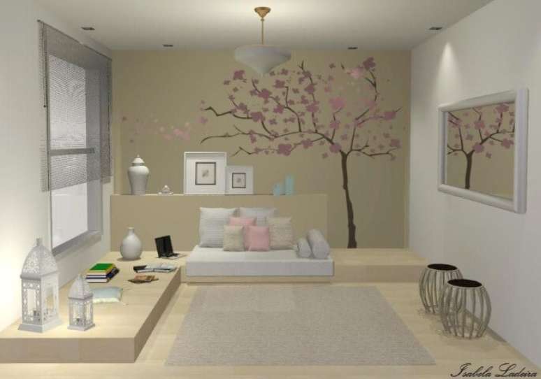 24. Um bom exemplo de adesivos de parede para quarto feminino é o de árvore florida. Projeto de Isabela Alexandre Ladeira
