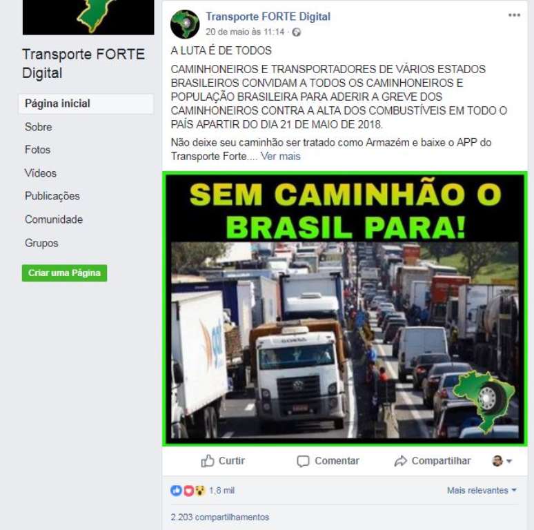 Página do Facebook voltada aos caminhoneiros convocava trabalhadores para a greve no último domingo (20)