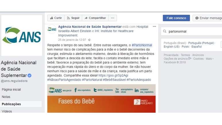 Página da ANS no Facebook: Campanha tenta combater partos agendados e propaga benefícios do parto normal