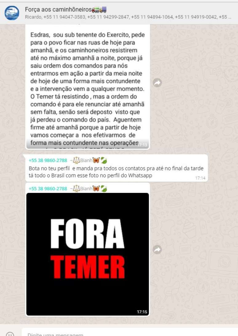 Mensagens contra Temer e pedindo intervenção militar em um grupo de caminhoneiros no WhatsApp