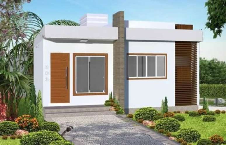 42 – Modelo de fachada para casas pequenas com garagem aberta.