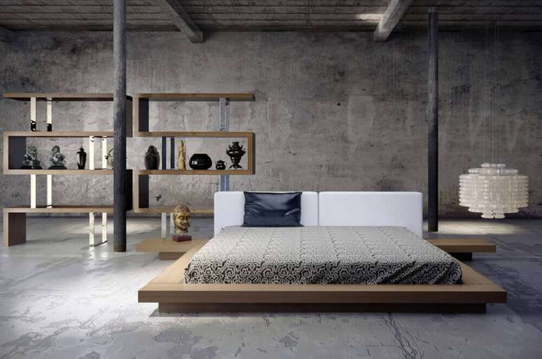 7. Quarto bem espaçoso, com decoração moderna utilizando cimento queimado nas paredes e cama de casal japonesa