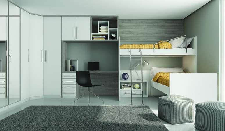 27- Guarda roupa modulado faz parte da decora&ccedil;&atilde;o para quarto duplo.