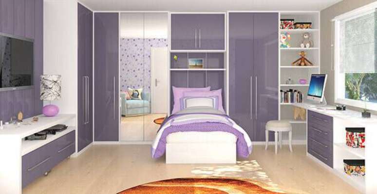 32 -Projeto com guarda roupa modular com bancada de estudos e penteadeira.