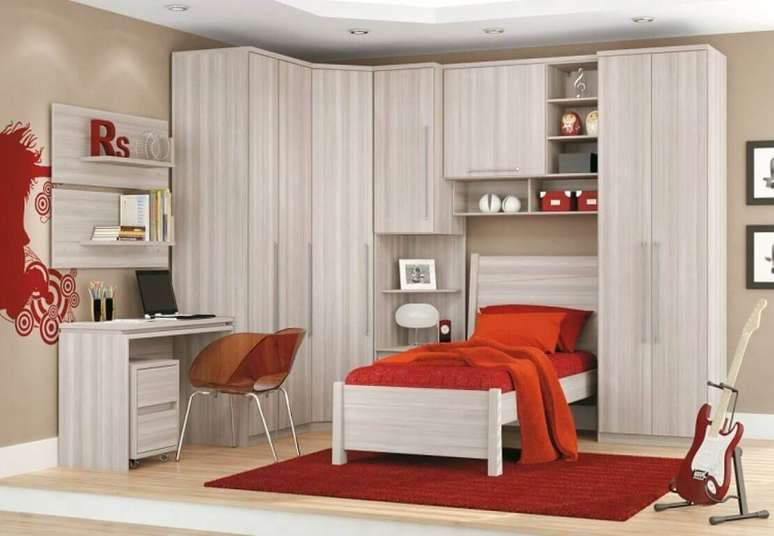 10 -Decora&ccedil;&atilde;o com guarda roupa modulado para quarto de solteiro.