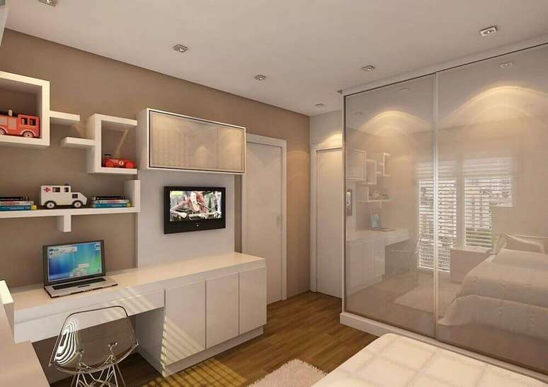 44. Decora&ccedil;&atilde;o de quarto clean com modelo diferente de nicho sobre escrivaninha