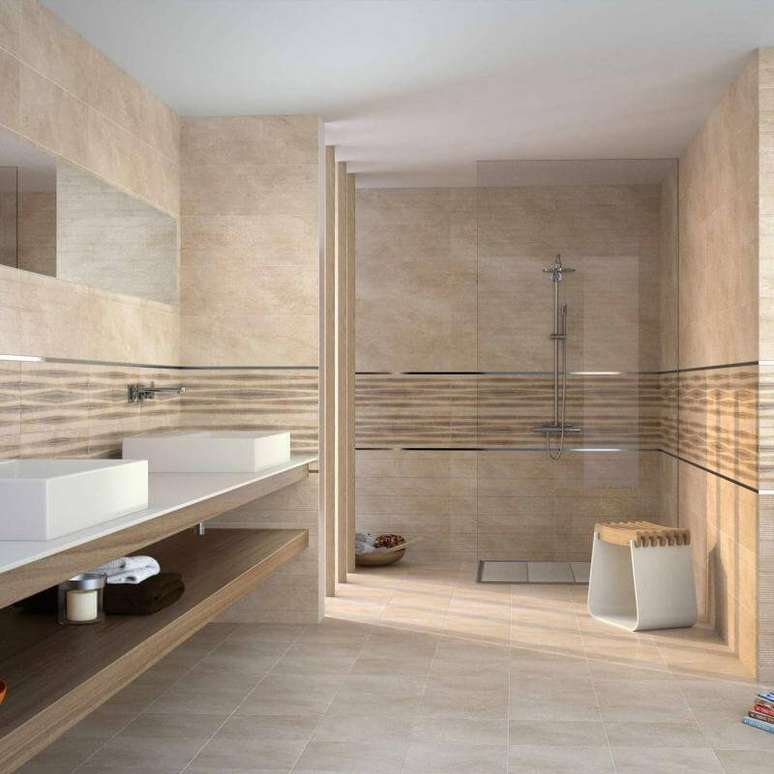 38. Cer&acirc;mica para banheiro bege com visual &ldquo;manchado&rdquo;