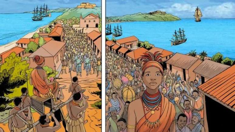 Nesta história em quadrinhos criada pela Unesco, Njinga descobre que Luanda se tornou um dos maiores centros de exportação de escravos da África