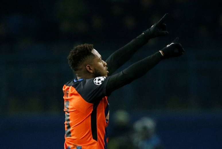 Fred comemora gol pelo Shakhtar Donetsk contra a Roma, na Liga dos Campeões