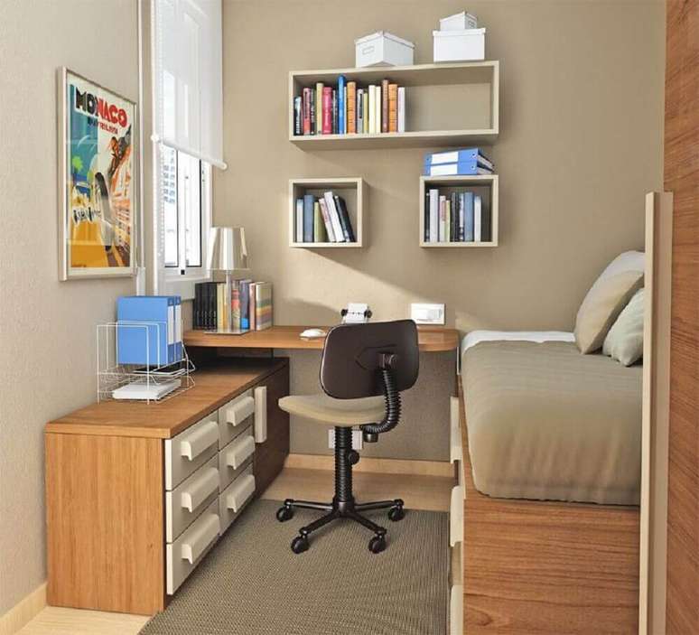 8. Decoração com modelo de home office pequeno no quarto planejado