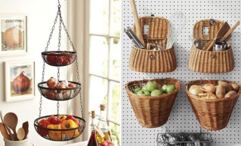 29 &ndash; Enfeites para cozinha com fruteira suspensa e cesta em parede.