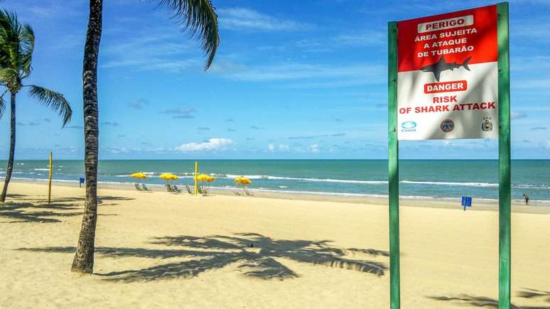 Placa na praia de Boa Viagem, em Recife, faz alerta sobre perigo de ataques de tubar&atilde;o