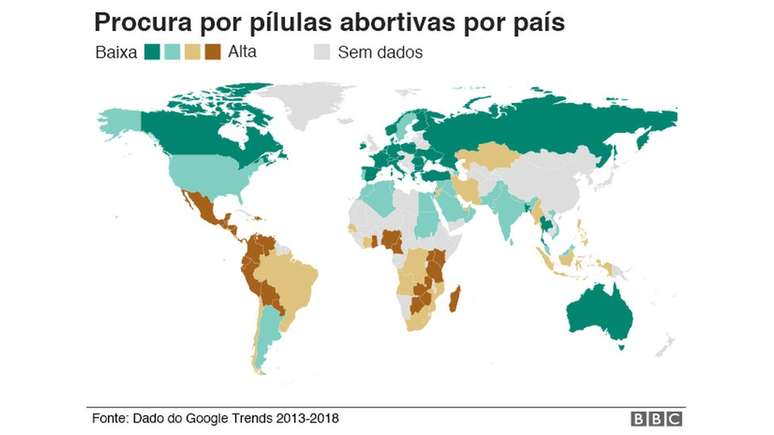 Mapa: procura por pílulas abortivas por país