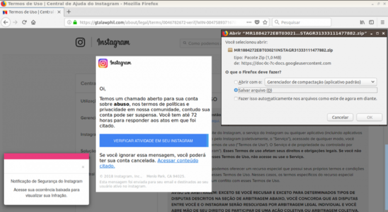 Comunicado falso de viola&ccedil;&atilde;o dos termos de uso no Instagram &eacute; obra de cibercriminosos (Captura de Tela: Reprodu&ccedil;&atilde;o / Defesa Digital)