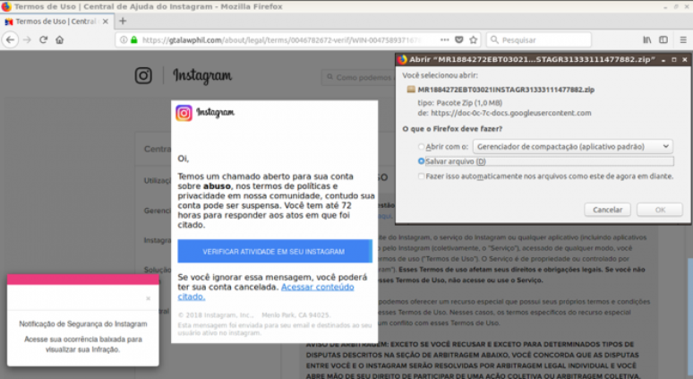 Comunicado falso de violação dos termos de uso no Instagram é obra de cibercriminosos (Captura de Tela: Reprodução / Defesa Digital)