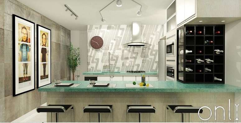 53. Balcão de cozinha americana revestida com material verde água