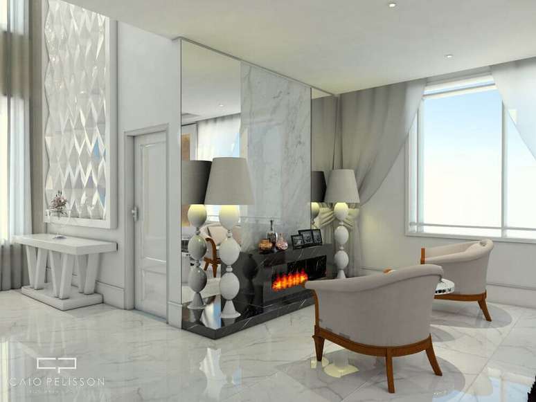 7. Decora&ccedil;&atilde;o de sala de estar sala com lareira el&eacute;trica revestida com granito preto