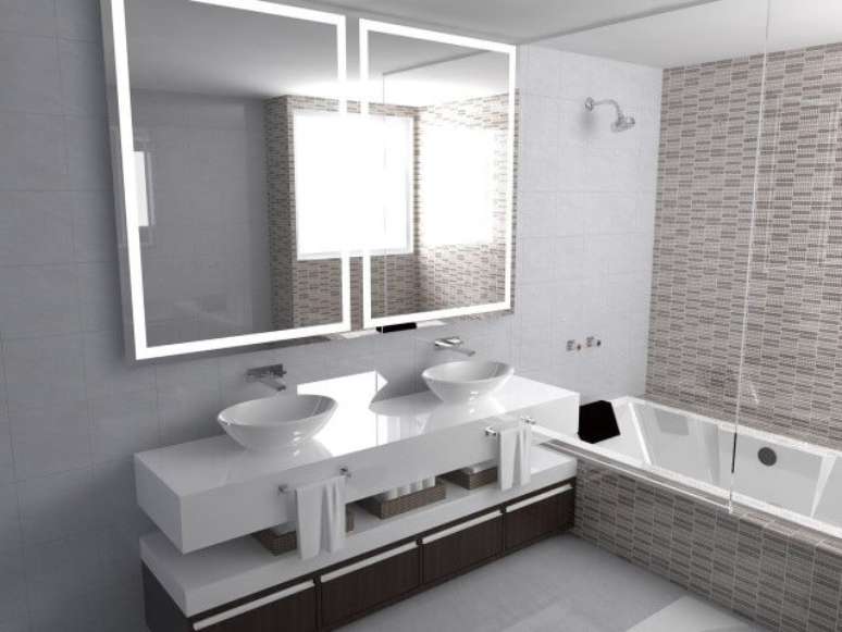 72. Banheiro com espelho iluminado com LED. Projeto de Fernando Lima