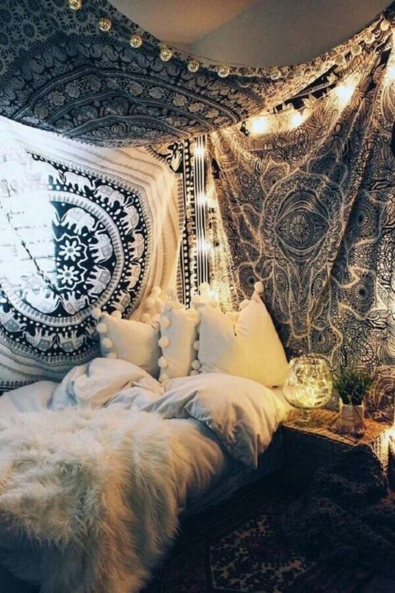 58. Ideias para parede de quarto decorada com estilo hippie