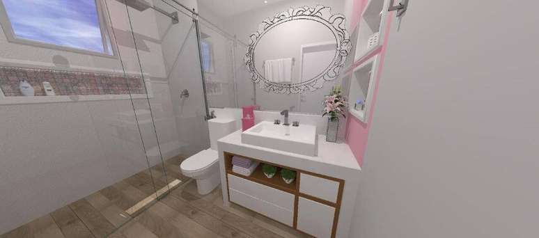 16. O espelho para banheiro de menina com detalhes &eacute; delicado e bonito. Projeto por Raquel Venezian