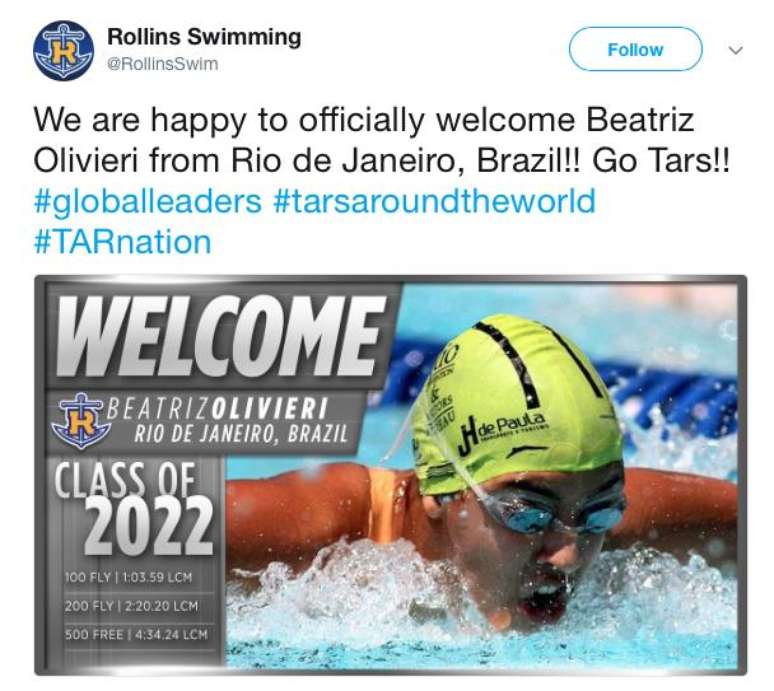 Rollings College, da Flórida, celebrou no Twitter chegada da brasileira Beatriz Olivieri, que é nadadora