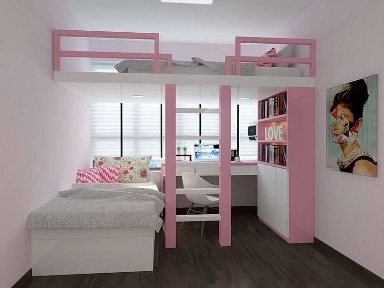 40. Decoração de quarto rosa com beliche com escrivaninha embaixo