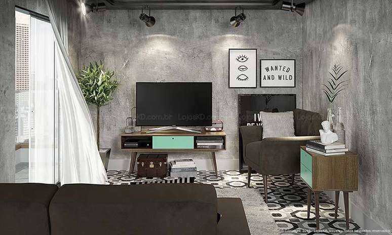 7. Aqui, o rack &eacute; usado como base para a TV. Projeto de Lojas KD