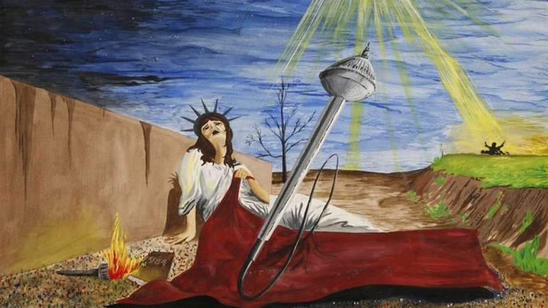 A obra 'Dissent From the Pedestal' &eacute; uma tentativa de retratar a Est&aacute;tua da Liberdade ca&iacute;da no ch&atilde;o