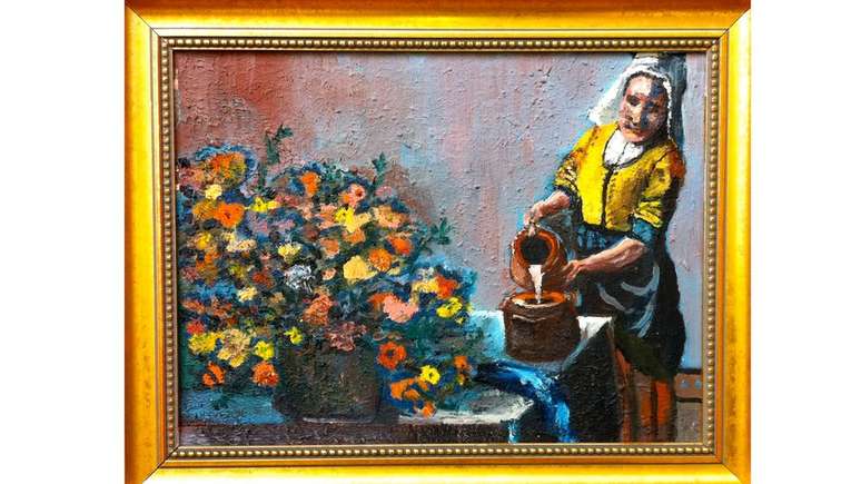 Aparentemente f&atilde; da obra De Melkmeid (1658-1661), de Johannes Vermeer, o artista escolheu alegrar o ambiente austero da pintura original com um ador&aacute;vel buqu&ecirc; de flores