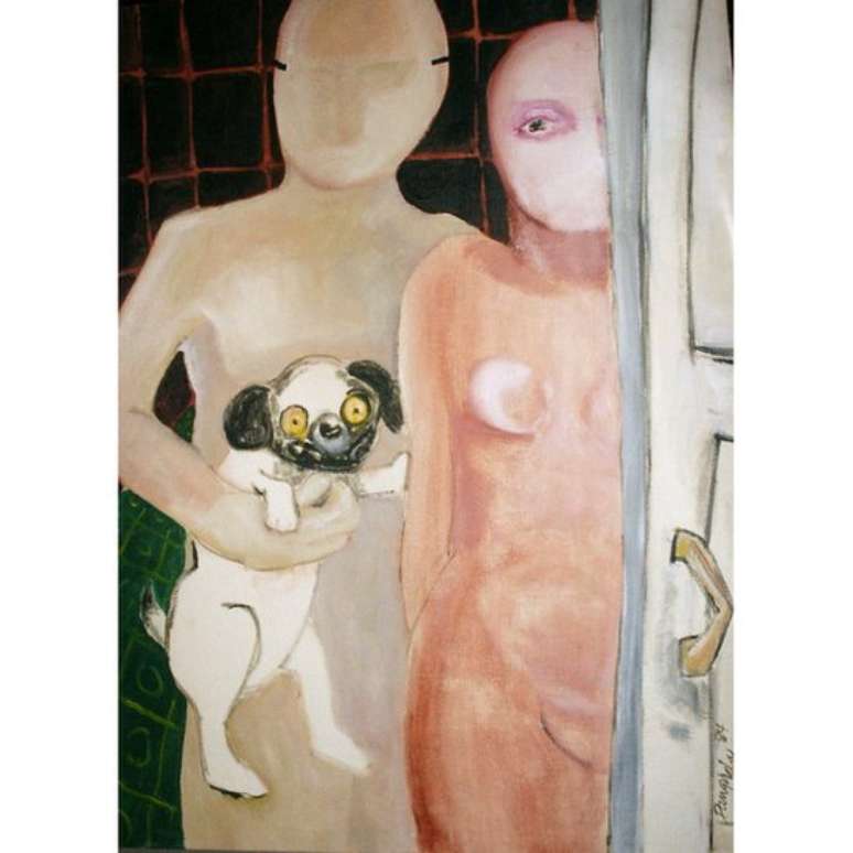 Duas figuras humanoides e um cachorro assustado fazem parte da obra 'The Cupboard Was Bare'