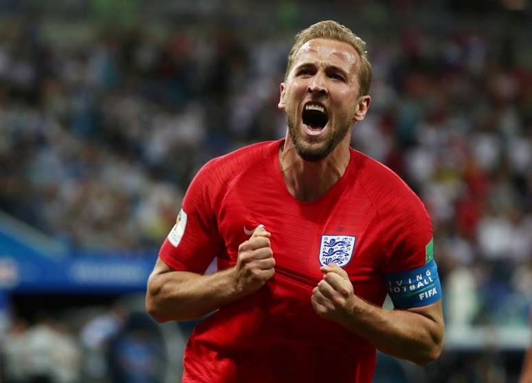 Harry Kane comemora gol marcado pela Inglaterra contra a Tunísia em Volgogrado
18/06/2018 REUTERS/Sergio Perez