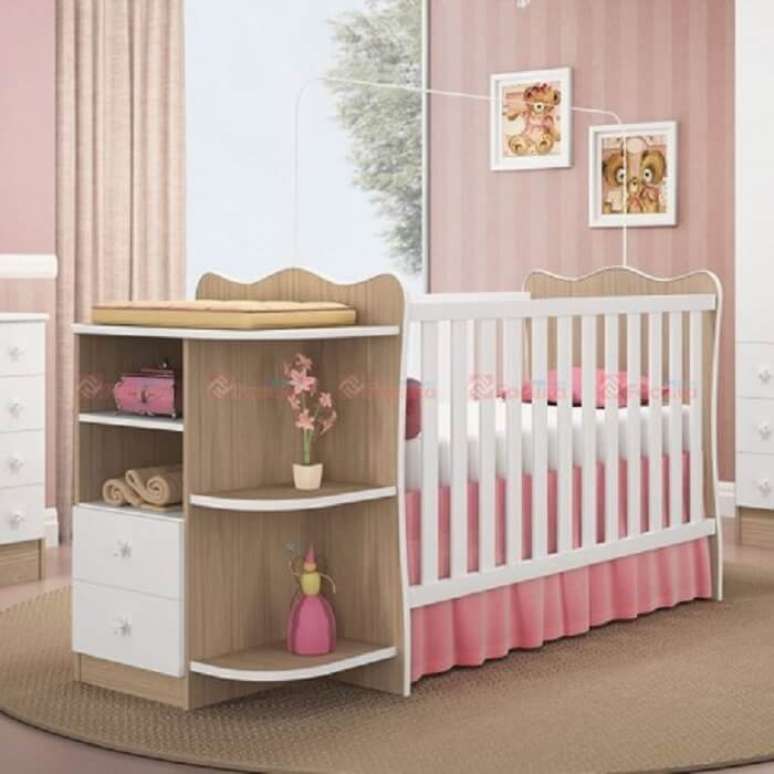19. Modelo de ber&ccedil;o com c&ocirc;moda embutida para quarto de beb&ecirc; feminino