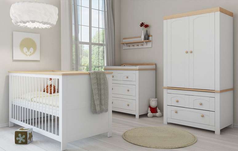 49. Guarda roupa e cômoda de bebê para quarto com decoração clean