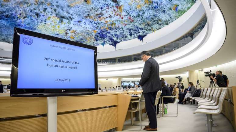 Reuni&atilde;o do Conselho de Direitos Humanos da ONU, em maio de 2018: Encontros acontecem ao menos tr&ecirc;s vezes por ano