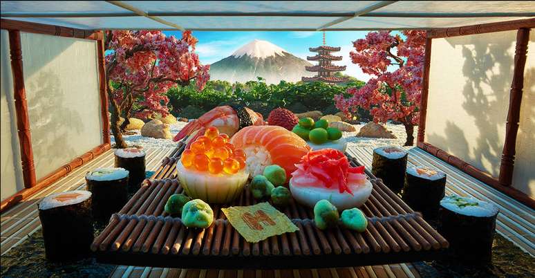 Cerimônia do chá em Tóquio feita com sashimis, gengibre e cogumelos